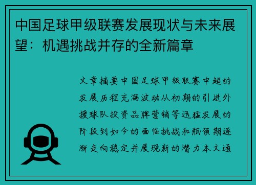 中国足球甲级联赛发展现状与未来展望：机遇挑战并存的全新篇章