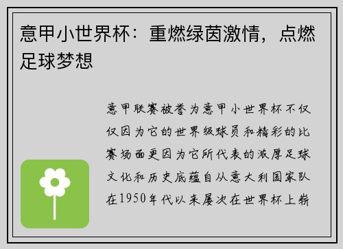 意甲小世界杯：重燃绿茵激情，点燃足球梦想
