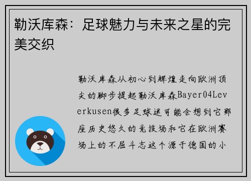 勒沃库森：足球魅力与未来之星的完美交织